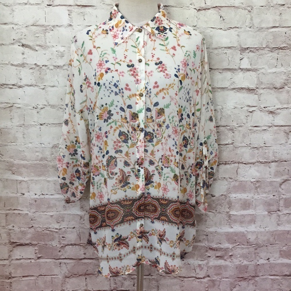 Unity World Wear Sheer White Floral Button Front